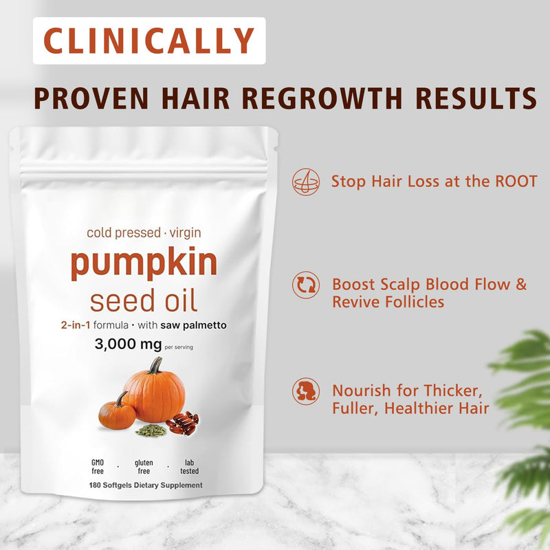 Pumpkin Seed Oil Capsules | Cold Pressed, Pure Virgin Oil, Essential Fatty Acids & Phytosterols 180 Softgels, Good for hair health | Non-GMO