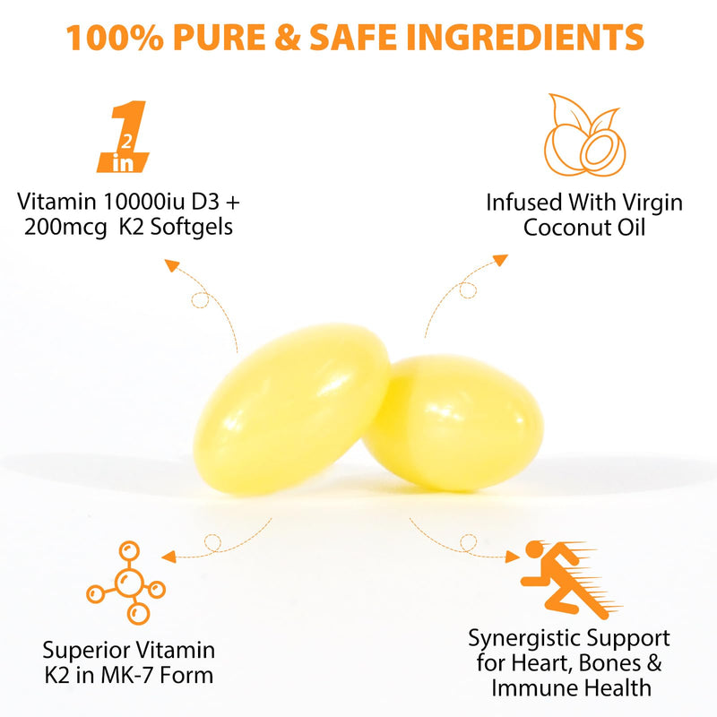 Premium Vitamin D3 & Vitamin K2 (MK-7) 120 Virgin Coconut Oil Softgels, 2 in 1 Vitamin D3 K2 Supplement Support Immune, Bones & Muscle Health, Easy to Swallow and Absorb | Gluten Free