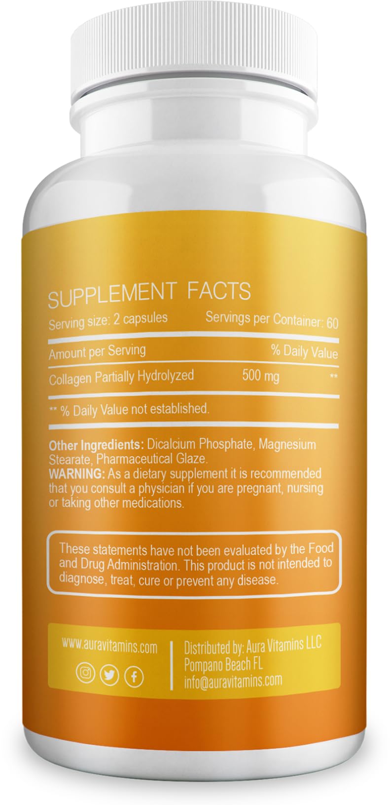 Aura Vitamin Hydrolyzed Collagen with Vitamin C Capsules 500mg Great Energy | Skin, Hair and Nail Support | Hyaluronic Acid Pills - 60ct (2) 2