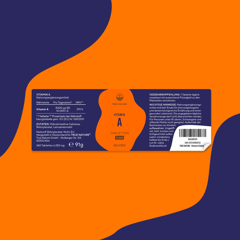 [Australia] - Eye vitamins - 365 vitamin A tablets - Retinol: 10,000 IU (3000 µg) - Vitamin A capsules alternative - Retinyl acetate - No additives, vegan - TRUE NATURE® 91 g (pack of 1) 