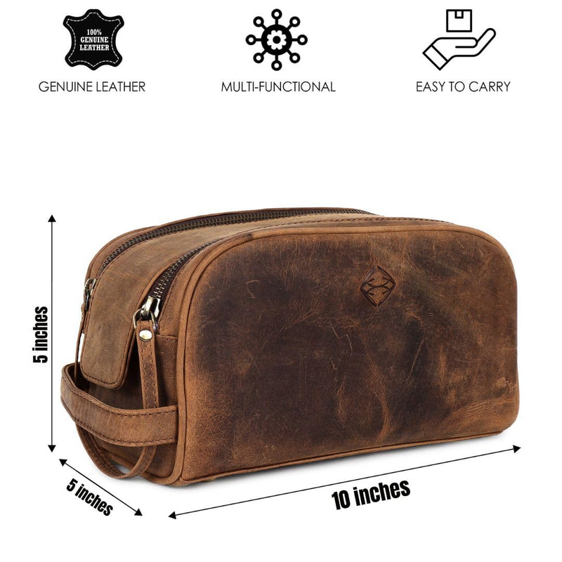 TRISKY Men's Leather Travel Toiletry Bag- Leather Dop Kit For Men & Women With Water Resistant Lining, King-size Handcrafted Bathroom Bag For Men- Tan Brown