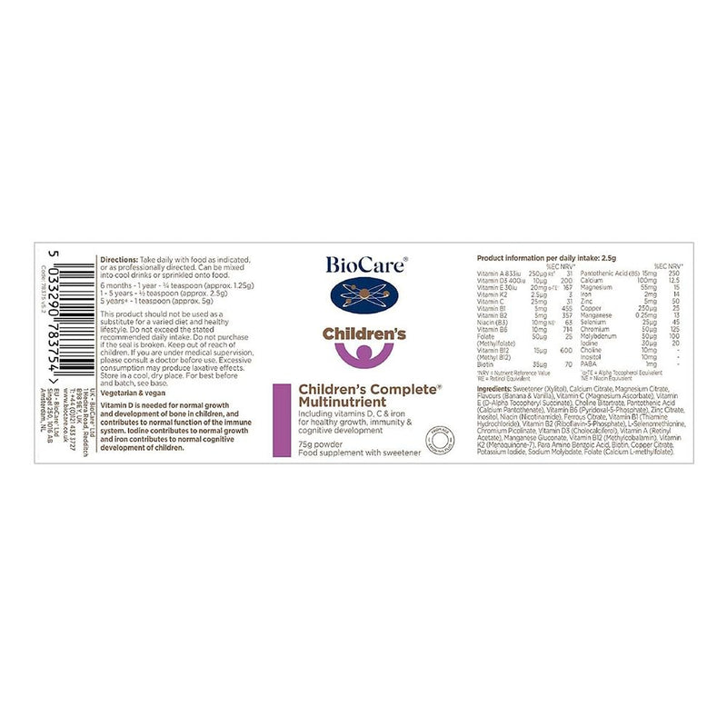 BioCare Children’s Complete Multinutrient - Kids’ Daily Powder with Vitamin D, Calcium, Iron, Zinc, Choline & B Vitamins - for Growth, Immune Support & Cognitive Function - Banana Flavour - 75g