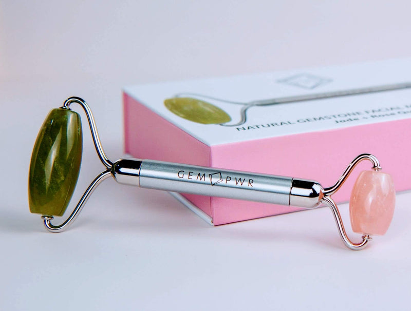 [Australia] - Rose Quartz + Jade Roller for Face and Neck Massage, Dual Gemstones with Durable Steel Handle and Travel Bag. Minimize Wrinkles, Reduce Puffiness and Restore Skin's Elasticity and Radiance Jade + Rose Quartz 