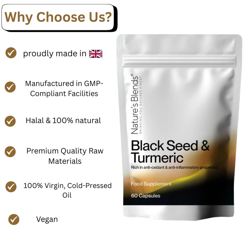 Nature’s Blends Black Seed Oil & Turmeric Capsule | Cold Pressed Black Seed Oil Capsule for Anti-Inflammatory & Immune System | Ethiopian Nigella Sativa for Hair, Skin & Joint Health | 60 Capsules Black Seed & Turmeric
