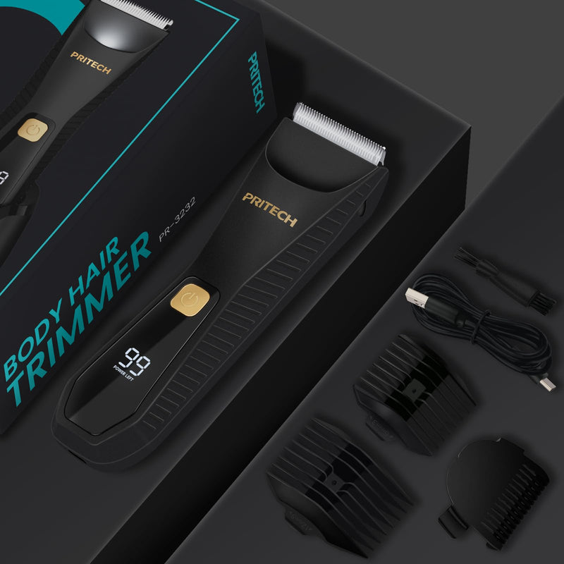 PRITECH Pubic Hair Trimmer for Men - Waterproof Body Hair Trimmer, Ceramic Blade Body Shavers for Men with USB-C Charging, Wet & Dry Use & Nick-Free Design, Balls & Sensitive Skin Safe (Black)