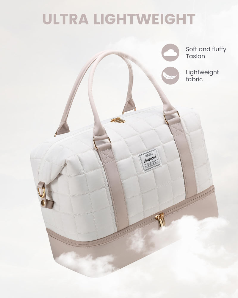 LOVEVOOK Travel Duffle Bag with Shoe Compartments - Carry on Overnight Bag & Weekender Bags for Women, Yoga Gym Bag with Wet Pocket, 2Pcs Set White/Nude X-Large