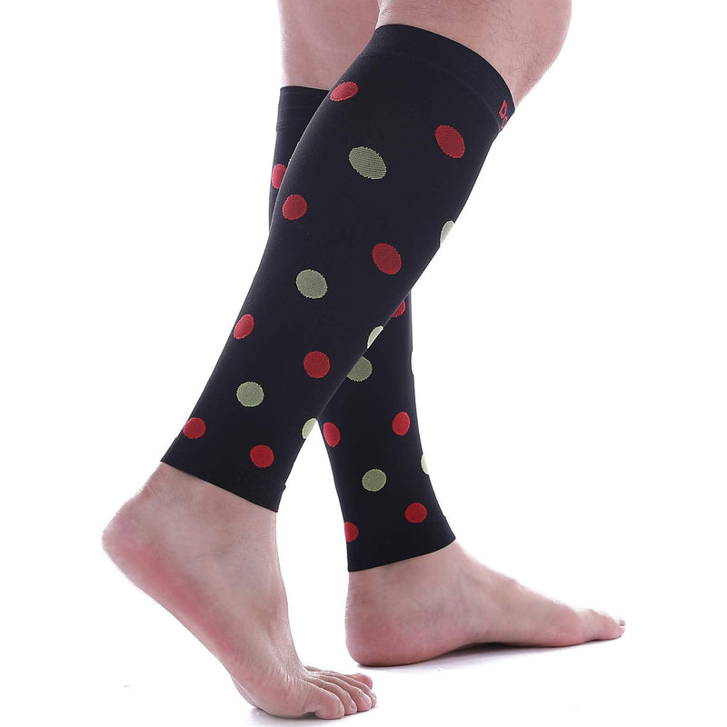 [Australia] - Doc Miller Calf Compression Sleeve – Footless Socks for Women & Men, 20-30mmHg, Shin Splint & Leg Cramp Support, Varicose Veins, Knee High, 1 Pair, Polka Dot Black/RedGreen XX-Large 