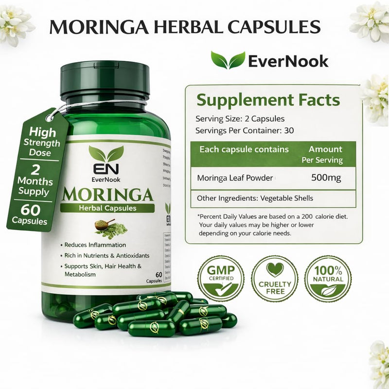Moringa Capsules 500mg – 60 Vegetarian Capsules – Moringa Leaf Powder Supplement – Natural Antioxidant Superfood – Supports Energy, Metabolism, Skin & Hair Health – Herbal Supplement