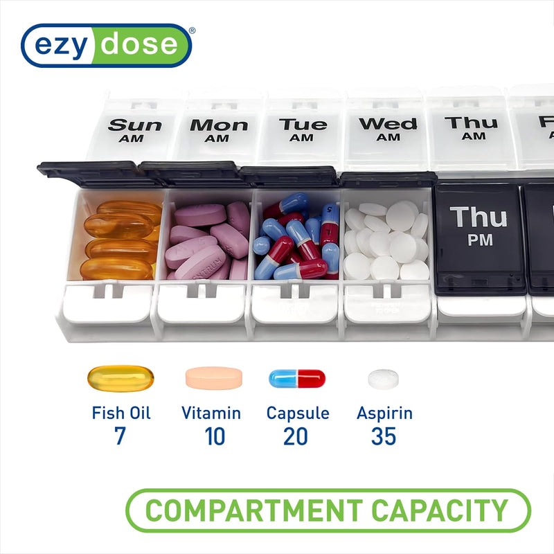 Ezy Dose Weekly (7-Day) AM/PM Pill Organizer, X-Large Case, Black/White | Daily Vitamin Box & Supplement Planner, 2 Times a Day Push Button Compartments, Arthritis-Friendly, Travel-Friendly, BPA-Free Blue/White