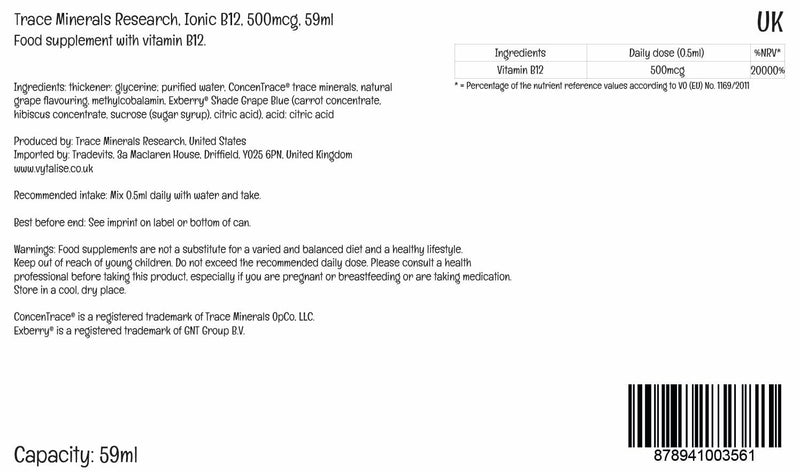 Trace Minerals Liquid Ionic Vitamin B12 1000 mcg, Methylcobalamin, 2 oz | Bioavailable methylcobalamin , Nerve and brain support, Ionic trace minerals included, 1 mL daily, No refrigeration needed