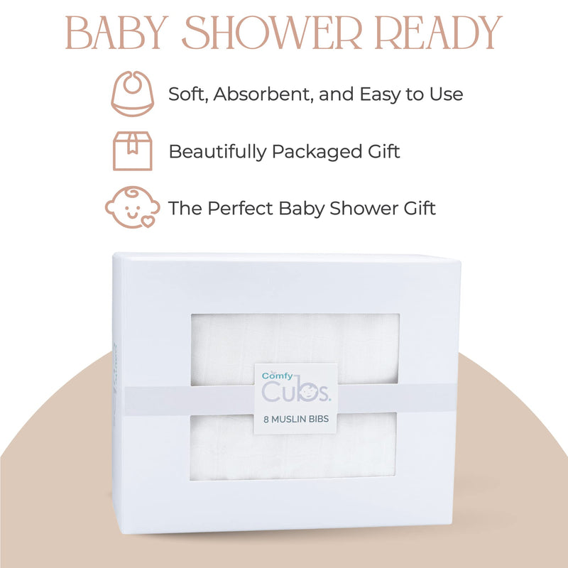 [Australia] - Comfy Cubs Muslin Baby Bibs, Drool Bibs, Adjustable with Easy Snaps, Teething & Drooling, Absorbent Bibs for Boys & Girls White - Pack of 8 