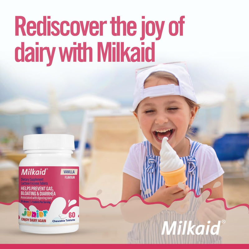 [Australia] - Milkaid Junior Lactase Enzyme Chewable Tablets for Lactose Intolerance | Prevents Gas, Bloating, Diarrhea in Children| Fast Acting Dairy Digestive Supplement for Kids| 60 ct (60 Tablets, Vanilla) 60 Count (Pack of 1) 