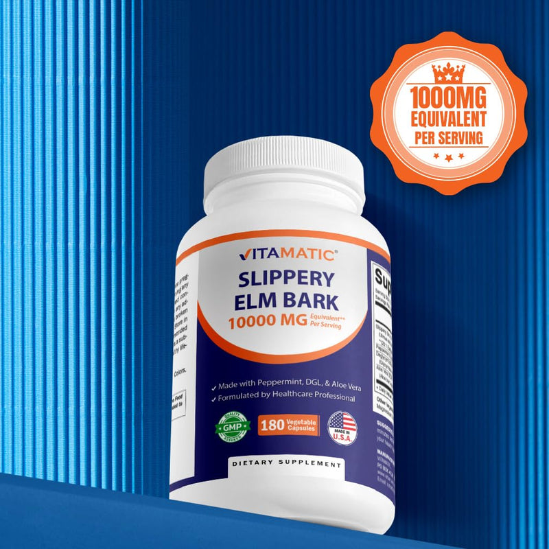 [Australia] - Vitamatic Slippery Elm Bark 10000 mg Equivalent Per Serving (from 20:1 Extract 500 mg), Made with Peppermint, DGL, & Aloe Vera - 180 Veg Capsules, and Concentrated 20X Potency 
