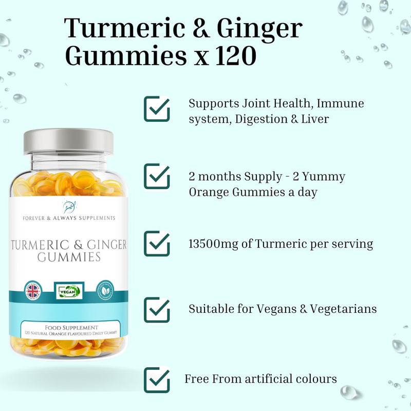 Turmeric Gummies & Ginger - 120 x Orange Flavoured High Strength 13500mg of Turmeric Curcumin Per Serving, 2 Months Supply Daily Vitamin Gummies for Adults, Joint Supplement