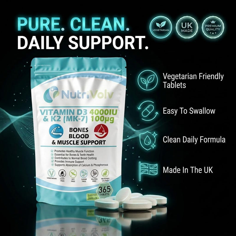 Vitamin D3 4000 iu & Vitamin K2 MK7 100μg | 1 Year Supply | 365 Easy-Swallow Vitamin D3 K2 Tablets | 1-A-Day High Strength Vegetarian D3 and K2 Vitamin Supplements | Vitamin D Tablets | UK Made