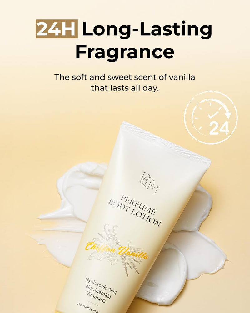 BOM Chiffon Vanilla Perfume Body Lotion 6.76 Fl Oz, Vanilla Scented Body Cream with Hyaluronic Acid, Niacinamide & Vitamin C, Long-Lasting Moisture & Fragrance, Non-Sticky & Smoothing, Korean Skincare