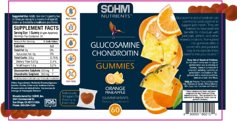 SOHM Glucosamine 250mg and Chondrotin 200mg Gummies 60 Count Individually Wrapped, Supports Joints Health and Bones Health, Glucosamine Chondroitin High Strength Gummies for Mens and Women