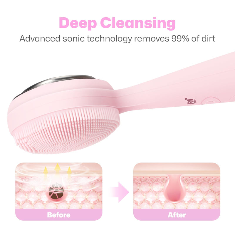 PRITECH Facial Cleansing Brush, Rechargeable Silicone Face Scrubber with Constant-Temperature Heating, Vibrating Exfoliator Scrubber for Deep Pore Cleaning, Waterproof Face Brush for Women & Men -Pink Pink