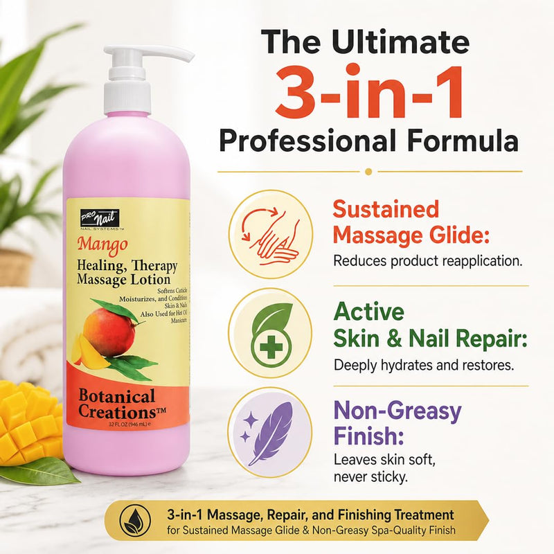 PRO NAIL - Healing Therapy Massage Lotion - Professional Pedicure, Body and Hot Oil Manicure, Infused with Natural Oils, Vitamins, Panthenol and Amino Acids (Mango, 32 Ounce) Mango 32 Fl Oz (Pack of 1)