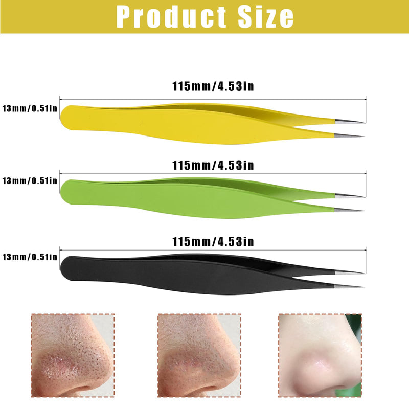 [Australia] - Prasacco Pack of 3 Tweezers, 3 Colors Tweezers Made of Stainless Steel Tweezers for Ingrown Hairs Stainless Steel Eyebrow Tweezers Pointed Precision Tweezers for Eyelash Extensions (Black, Yellow, Green) 
