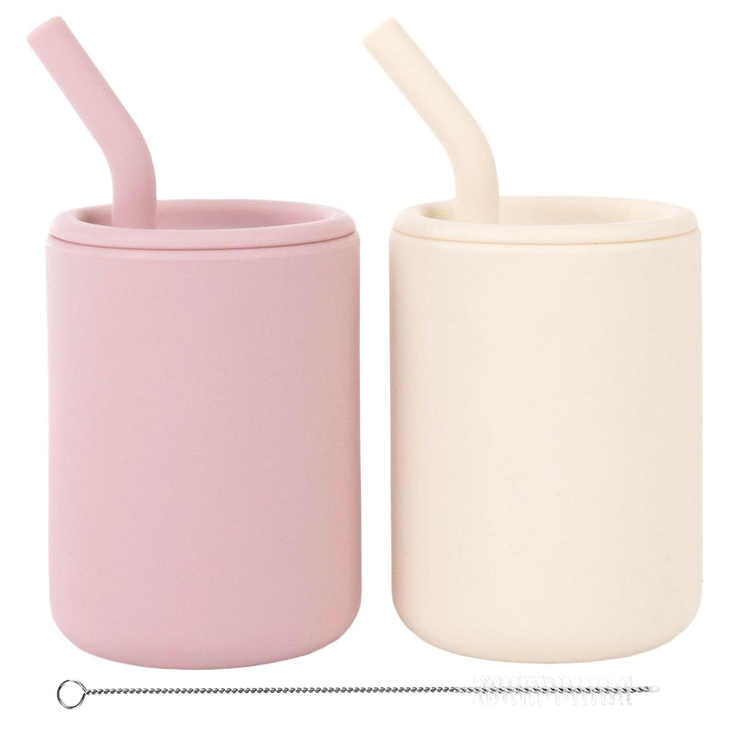 [Australia] - WeeSprout Silicone Baby Cups With Straws and Lids, 4 & 8 oz Options, Set of 2, Food Grade Toddler Training Container, Built In Straw Stoppers, Measurement Markings, Dishwasher Safe + Straw Cleaner 4 oz Matte Pink, Matte OW 