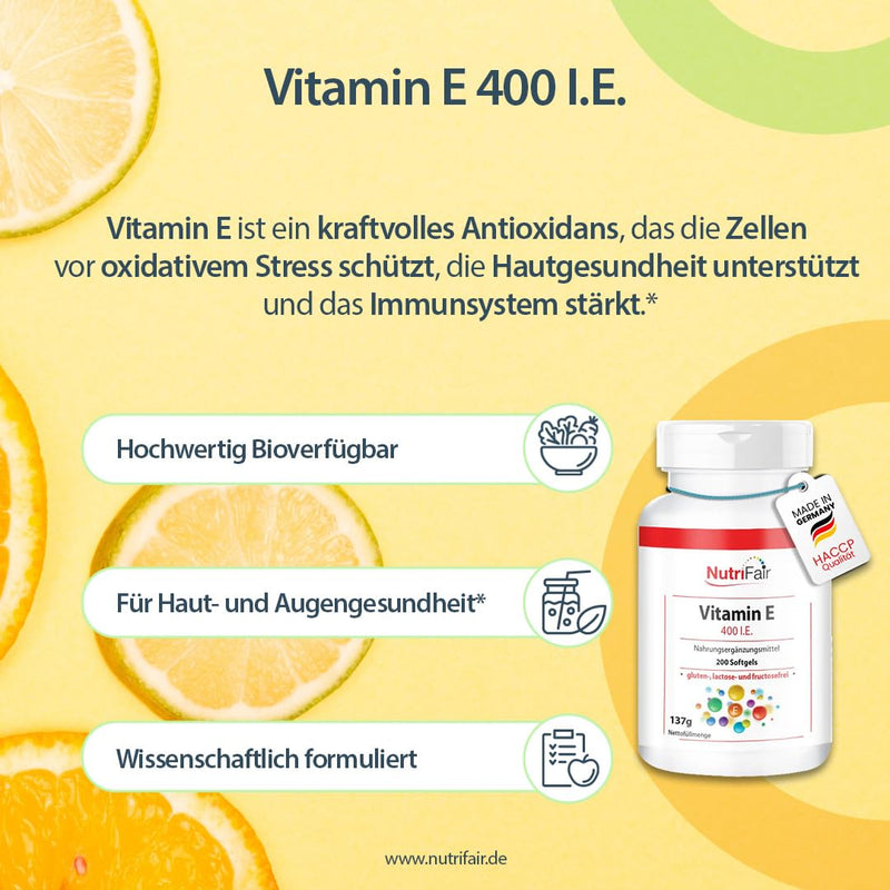 [Australia] - Vitamin E 400 IU - with 268mg vitamin E per softgel - 200 softgels - high dosage - German production & laboratory testing - NutriFair | Premium & fair 