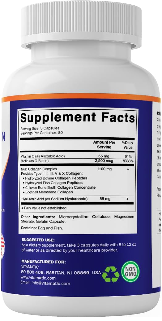 Vitamatic Multi Collagen Peptides Complex with Hyaluronic Acid, Vitamin C & Biotin, Types I, II, III, V & X Collagen, 240 Capsules, Non-GMO, Made in USA