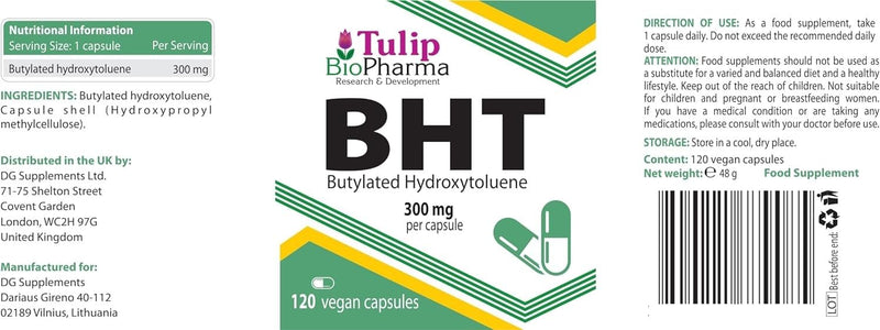 BHT (Butylated HydroxyToluene) 300mg 120 Vegan Capsules, Anti Aging & Antioxidant, Immune System Booster, 3rd Party Lab Tested, High Strength Supplement