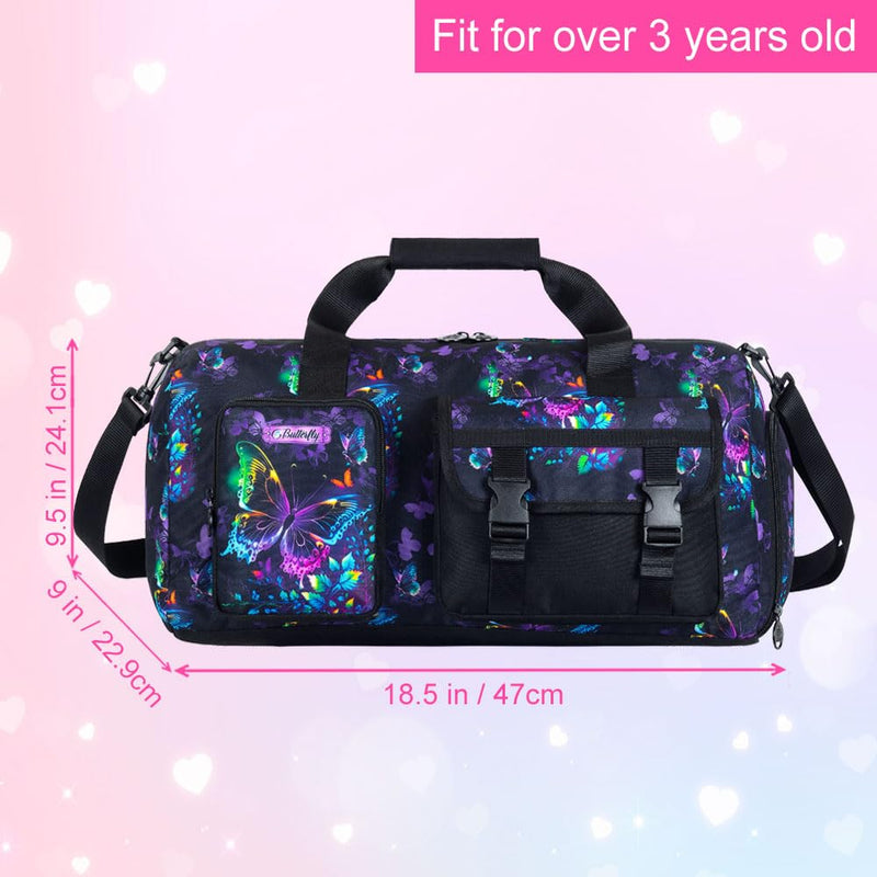 Girls Travel Duffle Bag for Girls 18 Inch, Water-Resistant Sports Bag with Separate Shoe Compartment for Gym, School, Overnight Trips, Camping & Sleepovers, Black Butterfly Girls Travel Duffle Bag - Black Butterfly