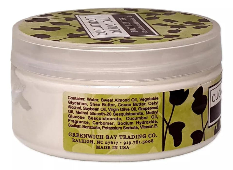 Greenwich Bay Trading Co. Scented Botanic Body Butter - Luxurious Hydration with Shea & Cocoa Butter, Enriched with Vitamin E - 8 Ounce Tub (Cucumber Olive Oil)