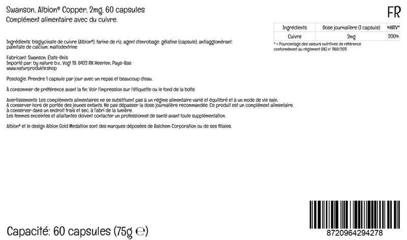 [Australia] - Swanson, Albion Copper, 2mg copper, copper bisglycinate, 60 capsules, high dosage, laboratory tested, soy-free, gluten-free, non-GMO 