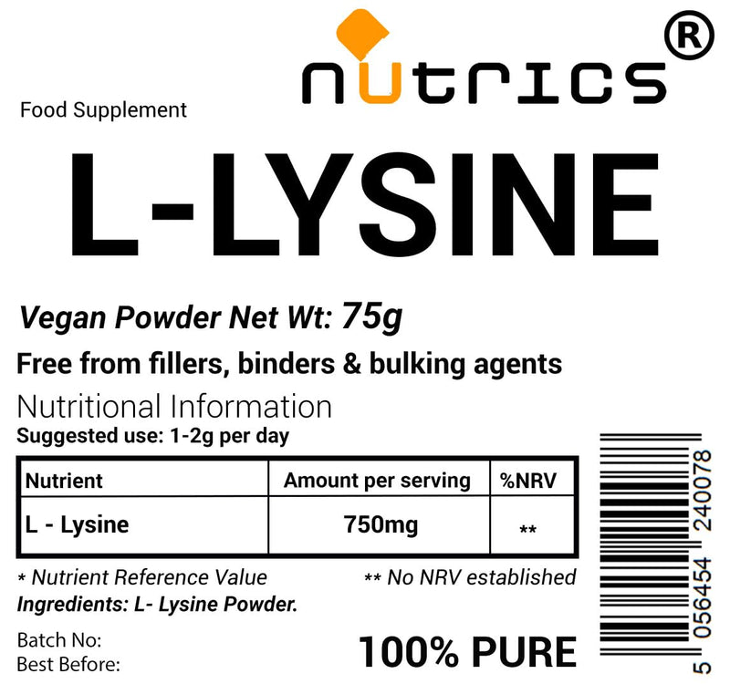 75g L LYSINE V Powder 100% Pure - Free from fillers Binders & Bulking Agents - Vegan Vegeatarian - L-LYSINE Supplement 1 count (Pack of 1)