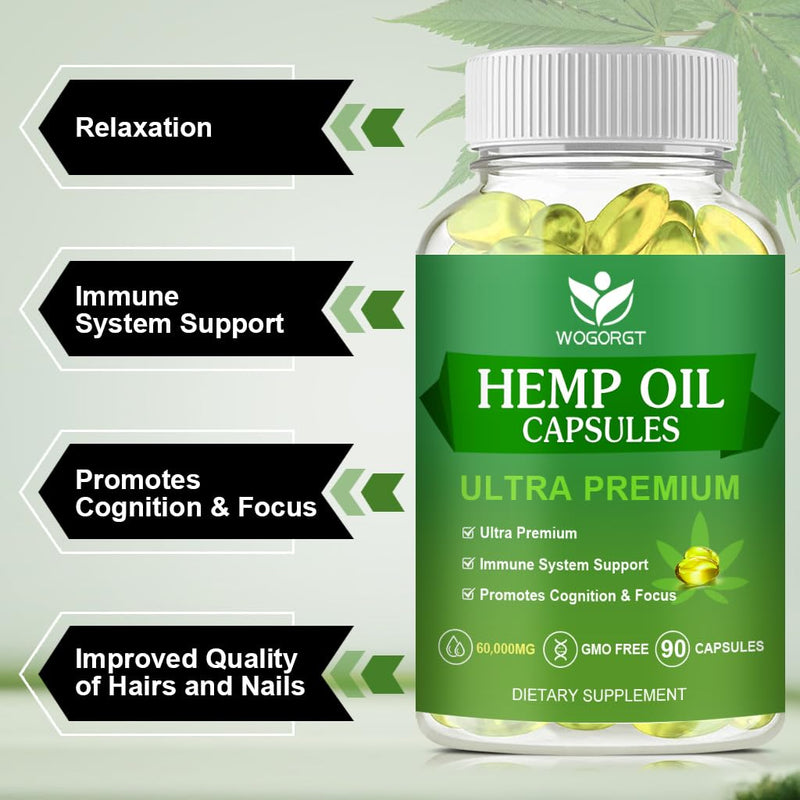Hemp Oil Capsules, 60,000 Maximum Strength, Immune Support, 90Ct (2Pack) | WOGORGT - Pure Hemp Oil Capsules, Focus Calm, Relaxation, Mood, Rich in Omega 3, 6, 9 Fatty Acids
