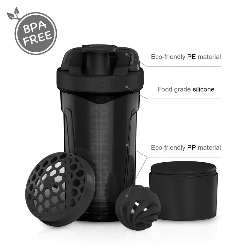 [Australia] - Artoid Mode Motivational Sports Mixer 720ml Shaker for Egg White/Protein, with Strainer Spiral Ball 200ml Storage Box & Handle, Drinking Bottle for Gym Fitness Powder Nutritional Supplements BPA Free Black/Grey 