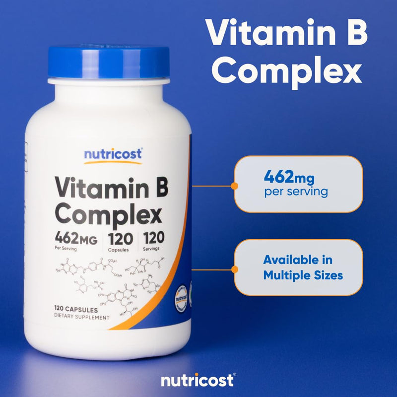 [Australia] - Nutricost High Potency Vitamin B Complex 462mg, 120 Capsules - with Vitamin C - Energy Complex 120 Count (Pack of 1) 