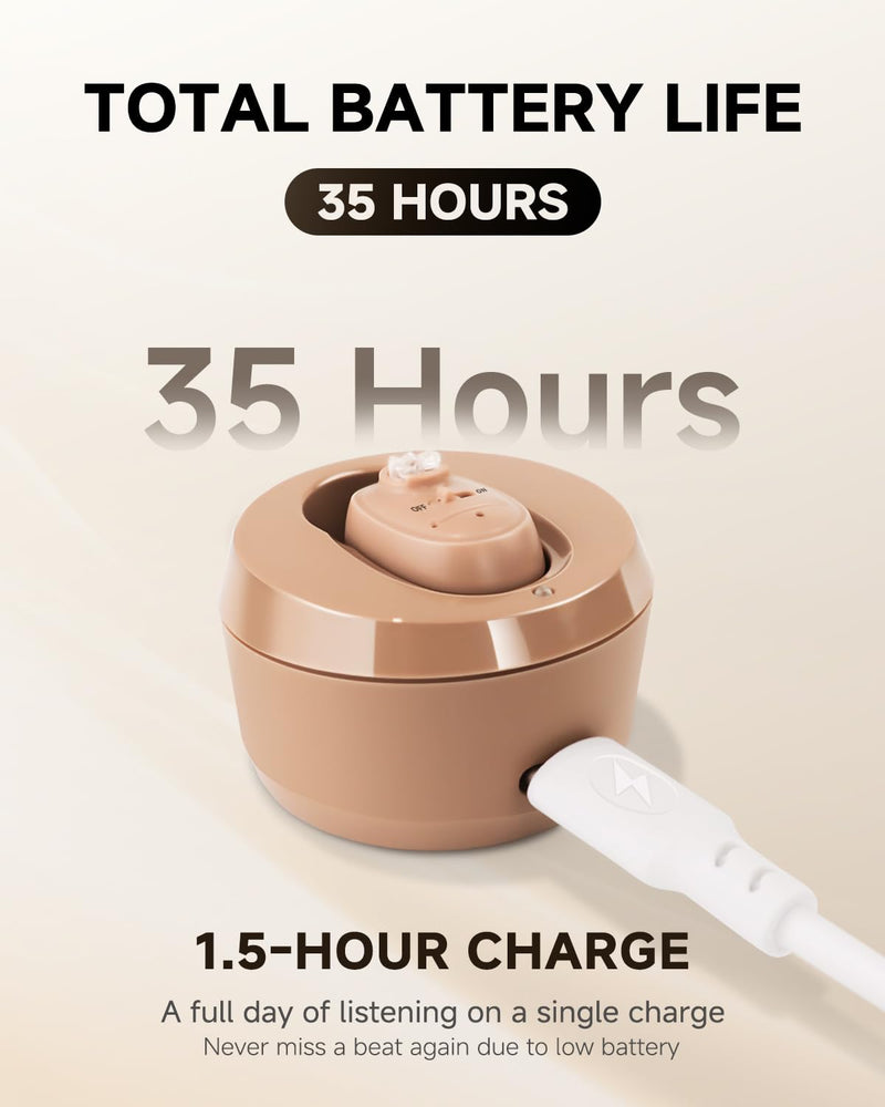 Britzgo 1607 In-Ear Rechargeable Sound Support, 35H Long-Lasting Battery, USB Fast Charge, Smart Noise Reduction, Ergonomic L-Shaped Design, Portable Charging Case (beige) 1607-Beige