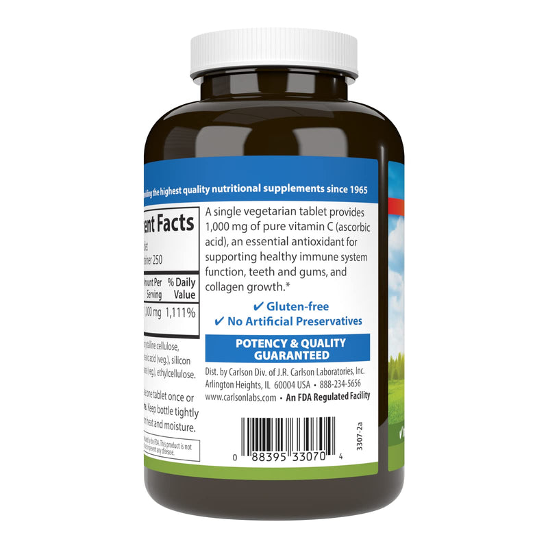 Carlson Vitamin C 1,000 mg (1 g), Pure Vitamin C, 250 Tablets | Ascorbic Acid; Optimal Wellness