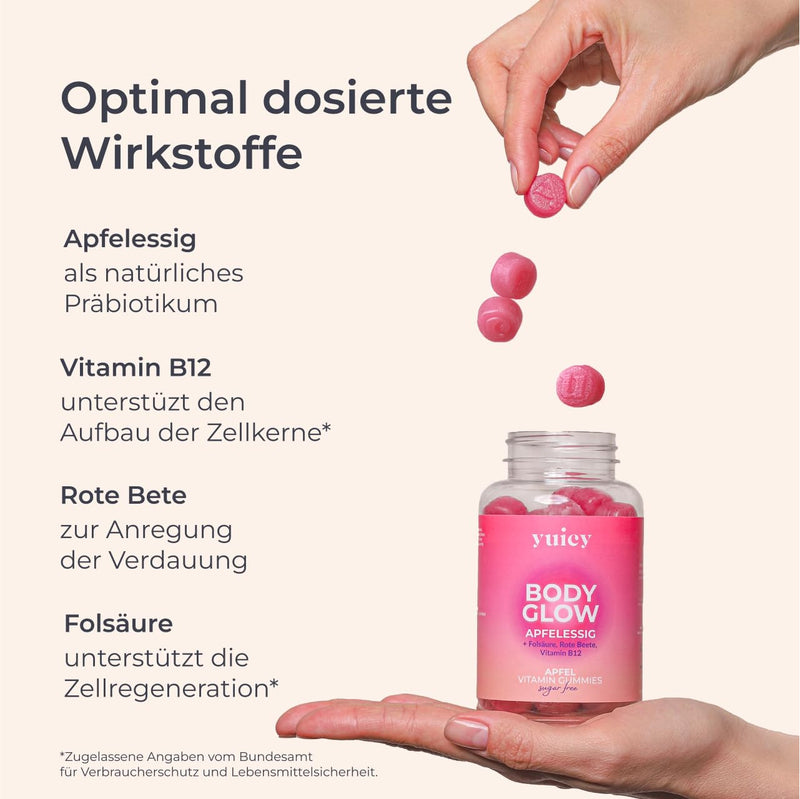 [Australia] - YUICY® Apple Cider Vinegar Gummies - With B12 & Folic Acid for Energy, Digestion & Metabolism - Vegan & Sugar-Free - Delicious Apple Flavor - Apple Cider Vinegar Gummies - 60 Pieces - BODY GLOW 60 Gummies - Single Pack 