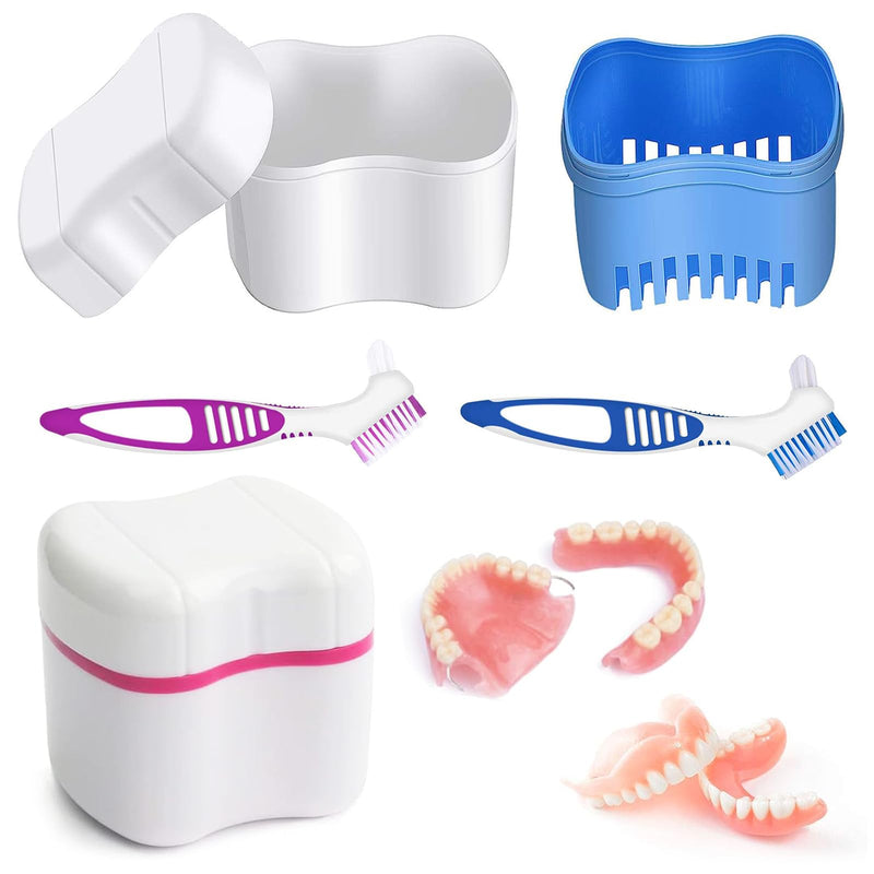 [Australia] - 2 dentures box, dentures container, false teeth storage box, leak-proof denture box, bathing dentures container with basket, for false teeth storage with 2 cleaning brushes 