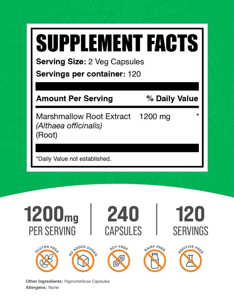 [Australia] - BulkSupplements.com Marshmallow Root Extract Capsules - Herbal Supplement, Marhmallow Root 1200mg - Gluten Free, 2 Capsules per Serving, 240 Count (Pack of 1) 