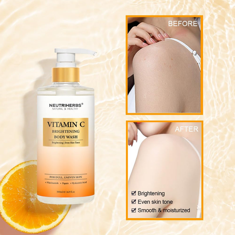 Neutriherbs Brightening Body Wash for Dull,Uneven Skin,Vitamin C Shower Gel | Daily Shower Soap for Women and Men, Enriched Papain, Niacinamide, Fresh Citrus Scent 16.9fl oz, Gentle Cleansing Skincare