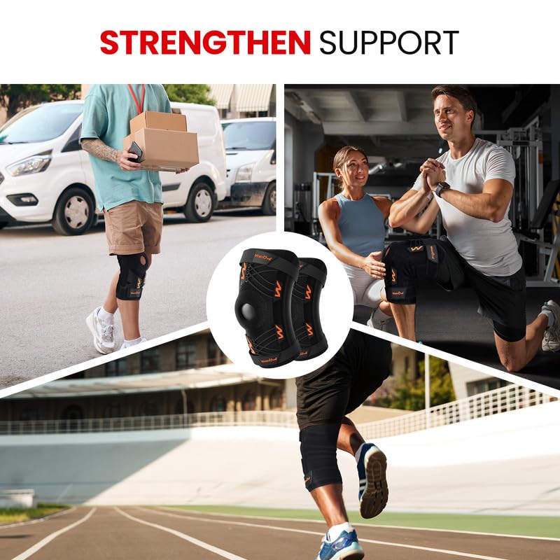 Welnove Professional Knee Brace Support with Pads & Side Stabilizers for Pain Relief, Adjustable Compression for Meniscus Tear, Arthritis, MCL - Ideal for Running, Working Out, and Sports（Medium） Medium Orange