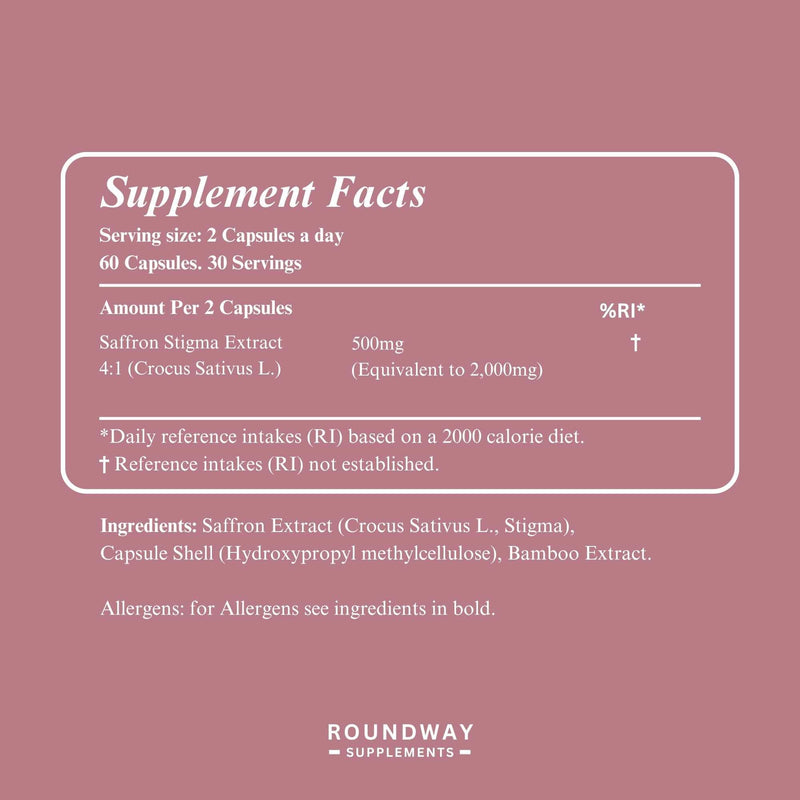 Saffron Supplement | 2000mg High Strength Extract Capsules for Mood Balance & Energy | 60 Capsules, 1 Month Supply | Made in the UK by Roundway Supplements