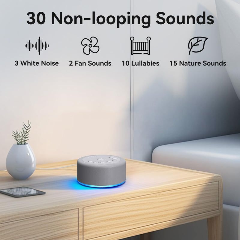 [Australia] - Sleep Sound Machine White Noise Machine 30 Non Looping Sounds 12 Night light Colors 5 Timers 36 Adjustable Volume Memory Function Brown Noise Sounds Machine for Baby kids Adult & Home Office Travel Grey 