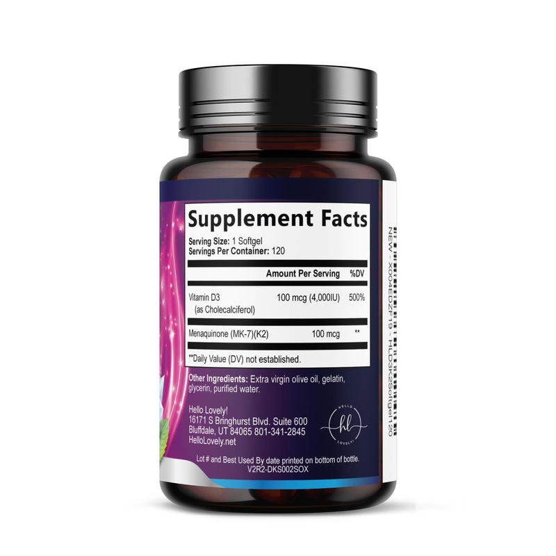 Vitamin D with K2 (MK-7) - Vitamin D3 4000IU (100mcg) Per Serving - D3K2 Complex Supplement for Bone, Teeth, Muscle, Calcium Absorption, Immune Support & Heart Health - Bottled in USA - 120 Softgels 120 Count (Pack of 1)