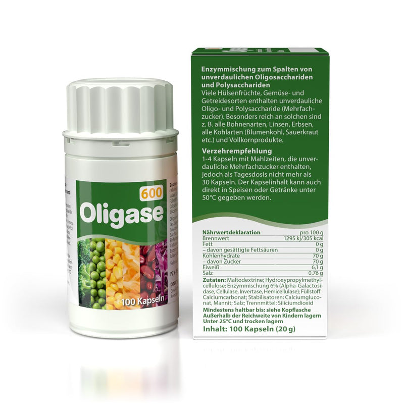 [Australia] - Oligase 600, enzyme mixture for the digestion of flatulent carbohydrates, digestive enzymes to help with bloating and stomach pain, free of gluten and fructose, suitable for vegetarians, 100 capsules 