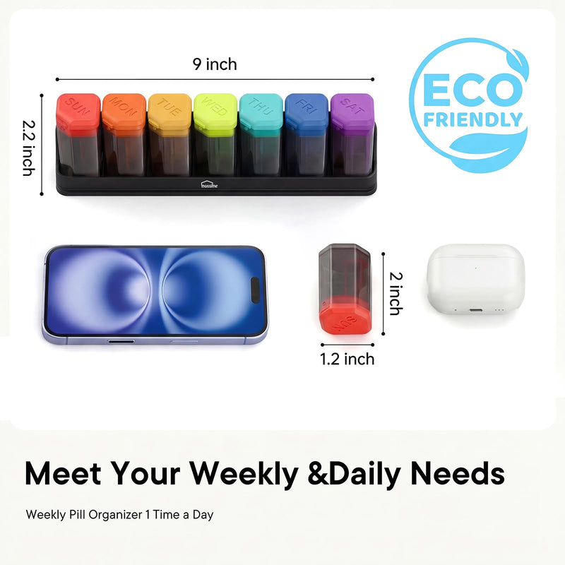 Mossime Large Weekly Pill Organizer 1 Time a Day, Rainbow, 2P | BPA-Free, Spill-Resistant, Detachable 1-a-Day Boxes, for Vitamins & Medication, Travel-Friendly, Velvet Pouch Rainbow+rainbow