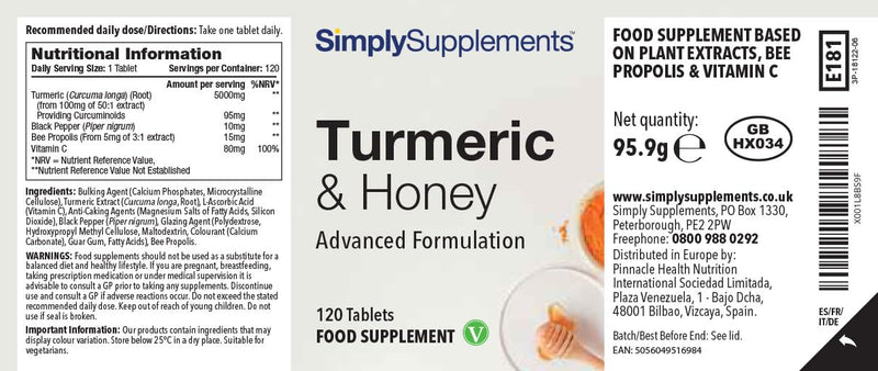 Turmeric and Honey Tablets | 120 Tablets | Vegetarian Friendly | Made in The UK