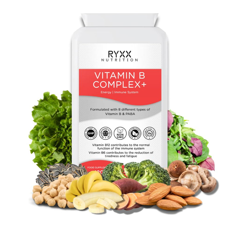 Vitamin B Complex+ | High Strength & High Absorption B Vitamins | 120 Vegan Capsules | with B6, B12 & Folate for Energy & Tiredness Reduction | Made in the UK by RYXX