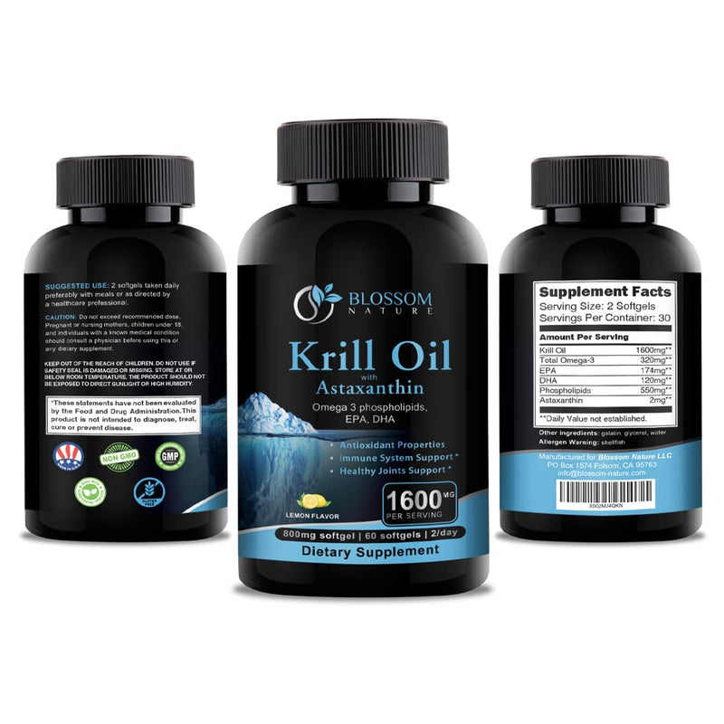 [Australia] - Antarctic Krill Oil 1600mg with Astaxanthin 2mg Fatty Acids EPA 174mg, DHA 120mg, Phospholipids 550mg -Support Healthy Joints Hair Skin-800mg per Softgel, 60 Krill Oil Softgels with lemon flavor 60 Count (Pack of 1) 